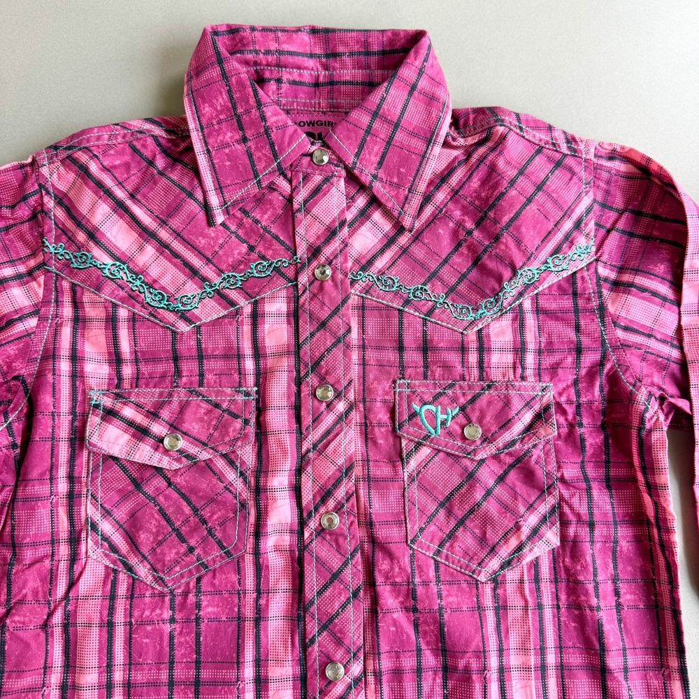 Cowgirl Hardware Western Snap Shirt Pink Plaid Embroidered Girls Small Sz 6 NWOT - Picture 3 of 7